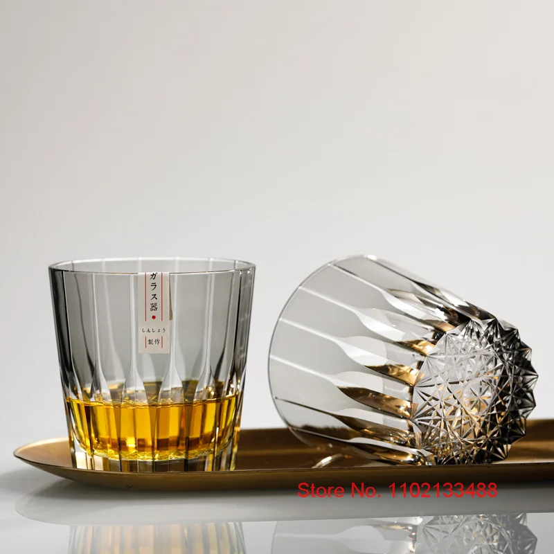 Cyan Ink Asterism Crystal Whiskey Glasses Japanese KAGAMI Design Kiriko EDO Wine Tasting Cup Light And Shadow Whisky Rock Glass