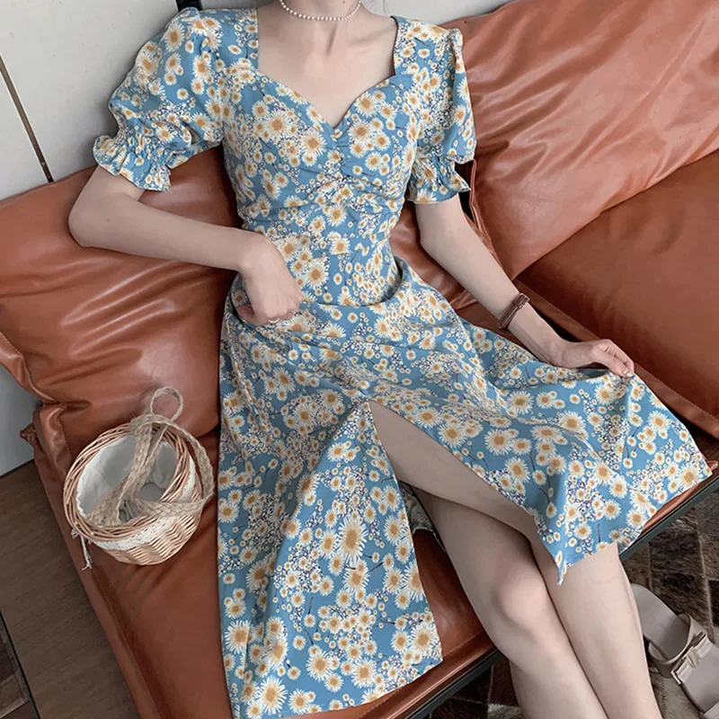 

Cottagecore Sexy Floral Print Puff Sleeve Women Long Dress High Split Party Elegant Casual Lace Up Sweet Summer Vintage Dress