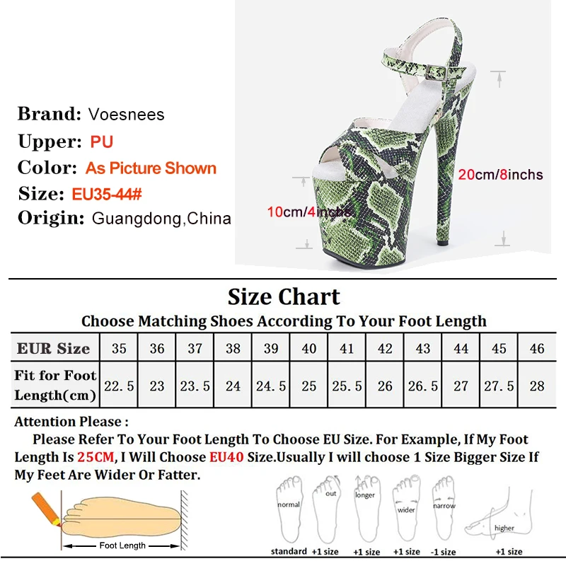 New 8Inch/20cm Women Sandals Exotic High Heel Platform Pole Dance Shoes Open Toe Green Snake Print Sexy Nightclub Catwalk Heels