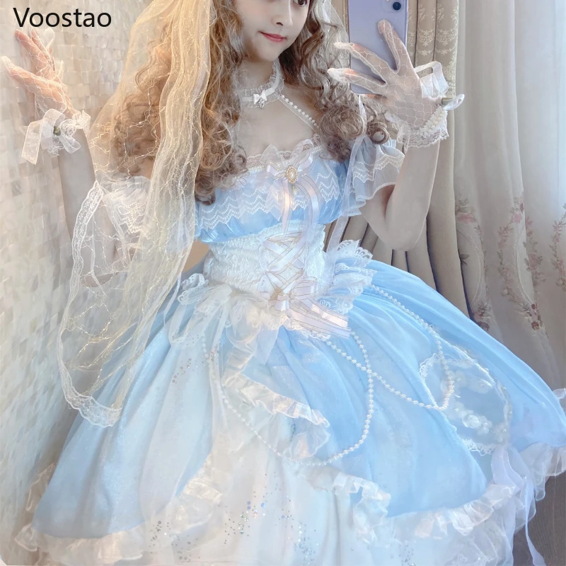 Sweet Lolita Princess Party Dress Vintage Victorian Women Elegant Mermaid Flower Wedding Dresses Girly Lace Pearls Mesh