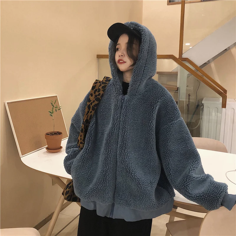 

Wintet Vintage Thick Plush Coat Women Korean Fahsion Loose Zipper Lamb Fleece Jacket Female Lazy Style Warm Outwear Tops