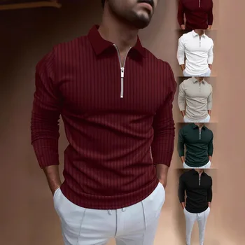 Polo da uomo con colletto, righe, maniche lunghe e cerniera