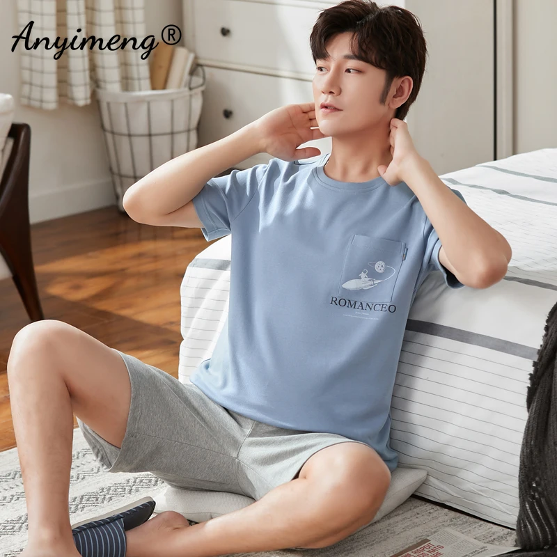 Mens Lounge Wear 2022 Summer New Pajamas for Man Big Shorts Two Pieces Navy Letter Printing Pullover Leisure Sleep Wear Men Pjs mens loungewear sets Pajama Sets