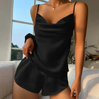 Solid Satin Pajama Set  V Neck Cami Top   Elastic Waistband Shorts  Women's Sleepwear   Loungewear - Image 3