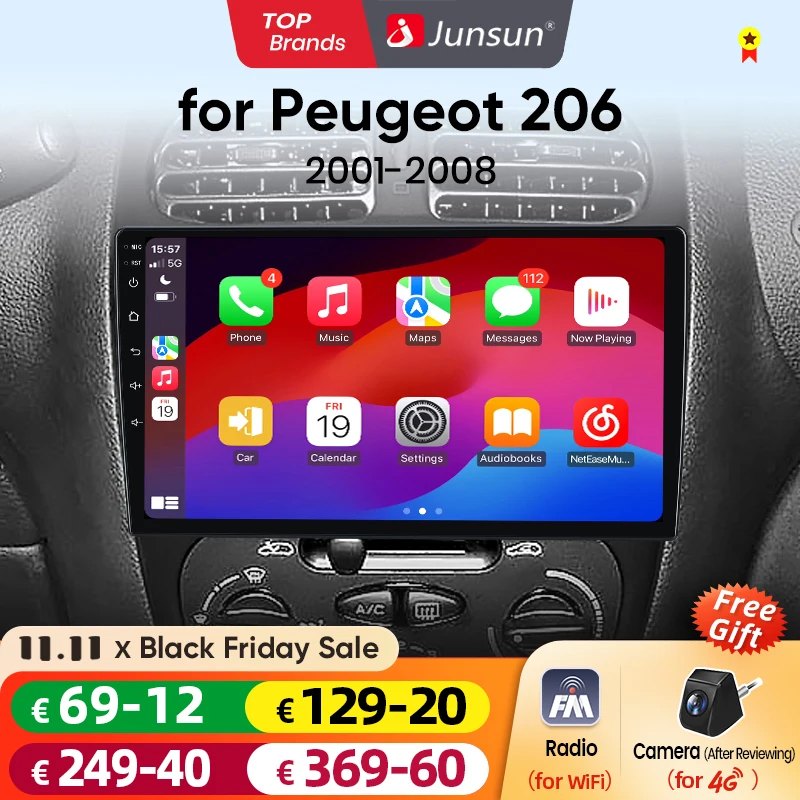 Junsun V1 Drahtlose CarPlay AndroidAuto Radio Für Peugeot 206 206CC 206SW 2001-2008 4G Auto Intelligente Systeme 2Din Autoradio GPS