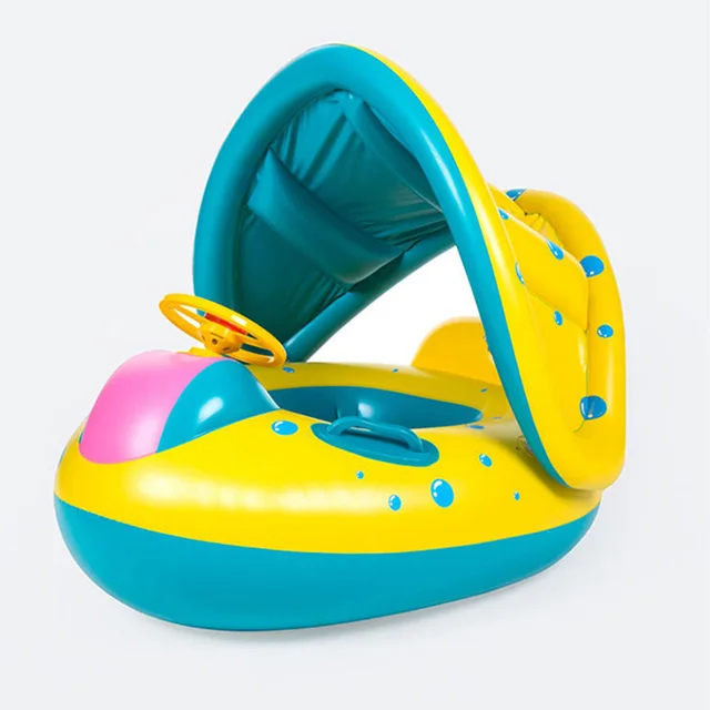 1pc Yellow Sunshade Seat Ring With Steering Wheel Swimming Pool Inflatable Floating Baby Seat 1