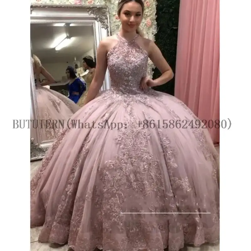 

Sweet 16 Pink Quinceanera Dresses Halter Ruched Ball Gown Sweet 15 Dress Prom Gowns Vestido De 15 Anos Quinceanera