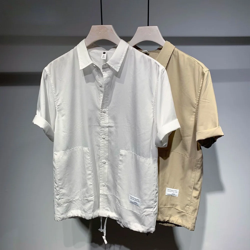 

Men's Casual Shirts Short Sleeve Summer Clothes Korean Fashion Men Streetwear Solid Color Basic Breathe Thin Cool