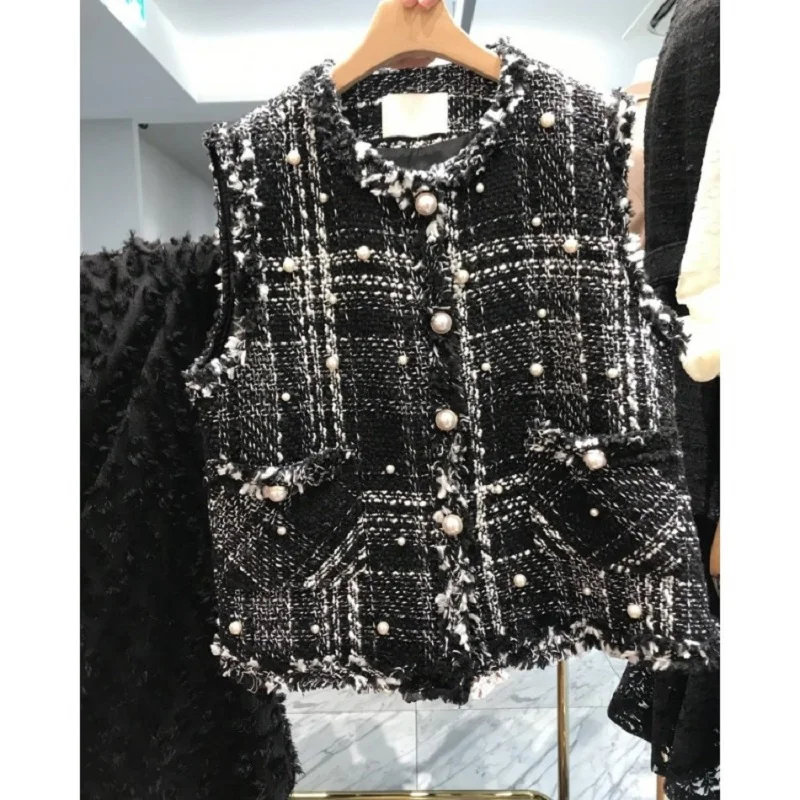 

Waistcoat Spring Autumn Chic Round Neck Single Row Pearl Button Tassel Raw Edge Tweed Plaid Vest Coat Women