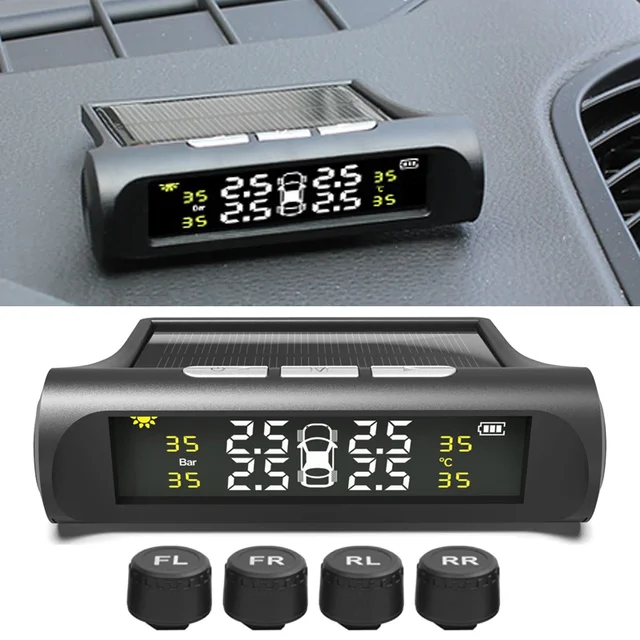 Digital LCD Display Universal Smart Car TPMS Tyre Pressure Monitoring System 4 Sensors Auto Security Alarm Solar Charging