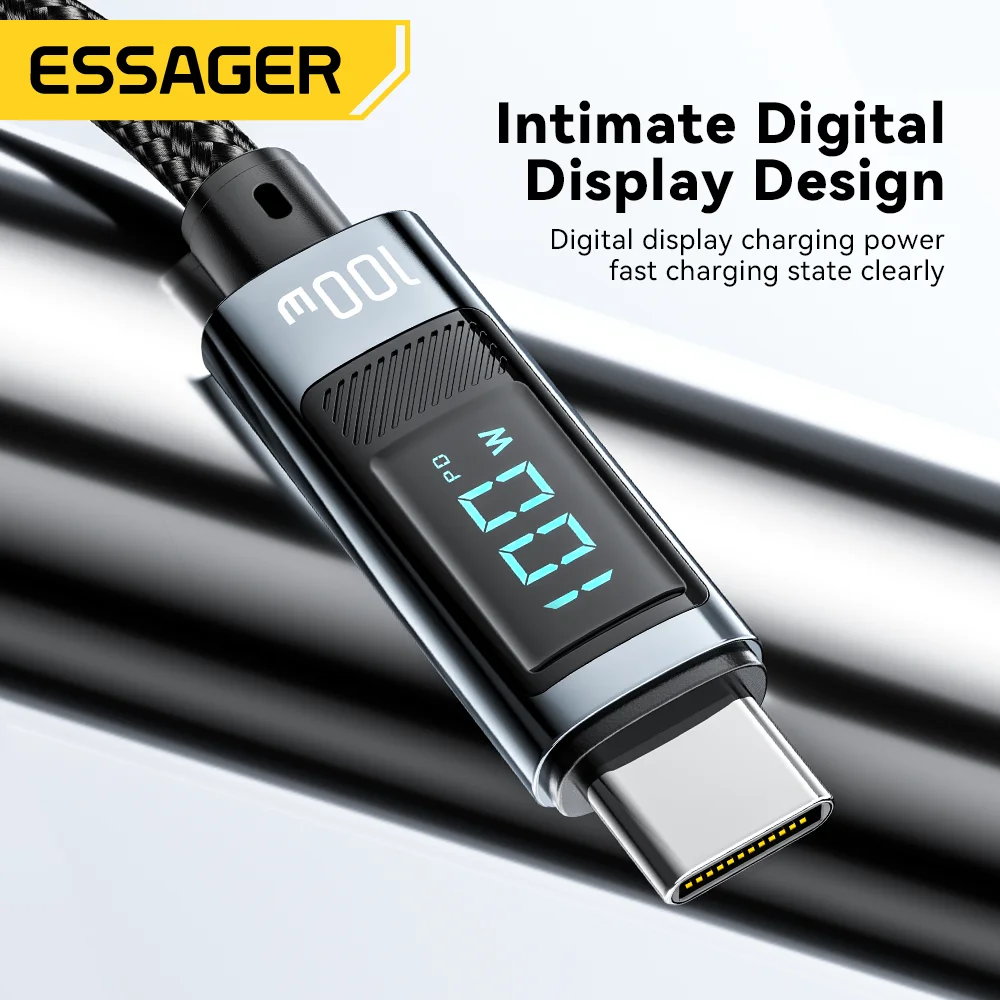 Essager 100W USB Type C Cable 90 ° LED Digital Display Cable 5A PD Fast Charging For iPhone 16 15 Huawei Xiaomi Samsung MacBook