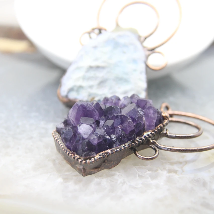 Large Amethysts Druzy Soldered Bronze Pendant,Bohemia Antique Copper Quartz Geode Charms Viintage Retro Necklace Jewelry Making
