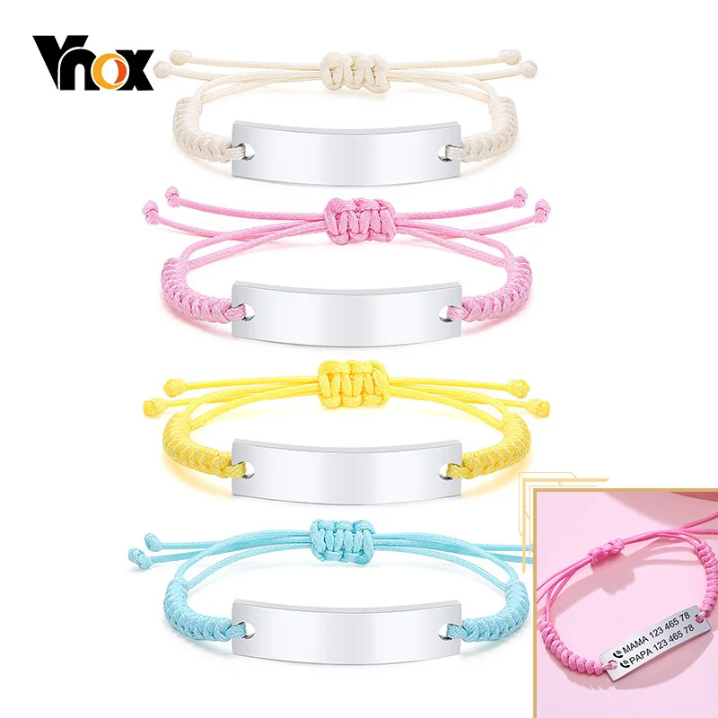 Vnox Personalized Engrave Baby ID Bracelets for Girls Boys,Length Adjustable Braided Rope Stainless Steel Wristband, Custom Gift ecgift br007 lovely multi color woven rope bracelet customized stainless steel tag adjustment wristband for couple friendship