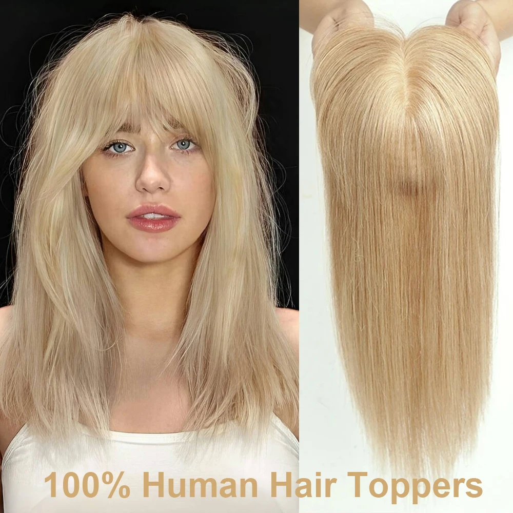 Human Hair Toppers Human Hair Extensions Human Hair Toppers with Bangs Blonde Real Remy Hair Topper Silk Base Clip in Pieces for Women Afro with Thinning Wig