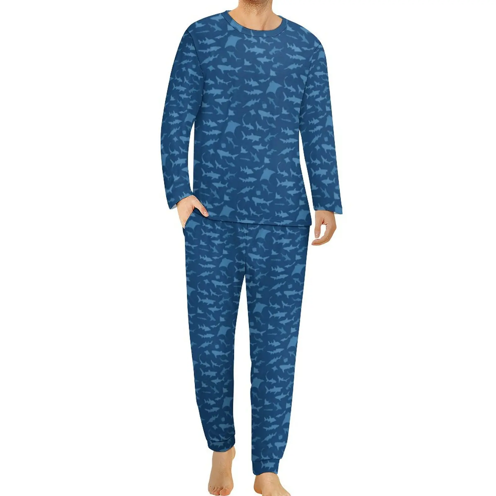 thumbnail image 1 of Pijama de tiburón divertido, conjunto de pijama de 2 piezas con estampado de vida marina de manga larga para hombre, ropa de dormir romántica de gran tamaño con gráficos de otoño, 1 of 5
