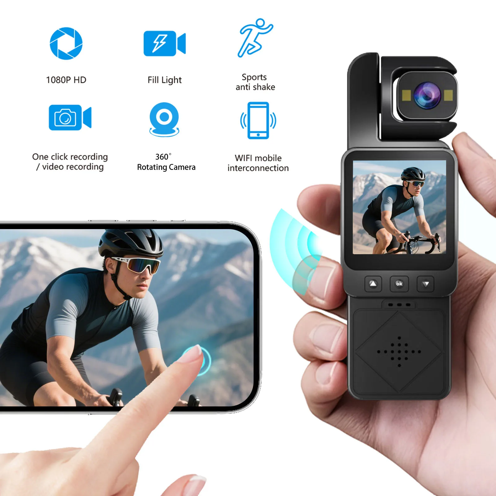 DIOSEA 1080P WiFi 야외 비디오 레코더(보조 조명 포함) 웨어러블 오디오 녹음 카메라 1.6인치 화면(사이클링 브이로그용)