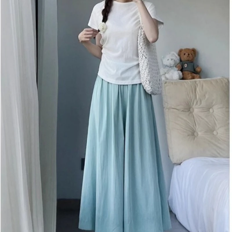 Women Wide-legged Pants A-line Dress Pants Woman Clothing High Waisted Loose Fit Casual Solid Design Summer Thin Slim Almond