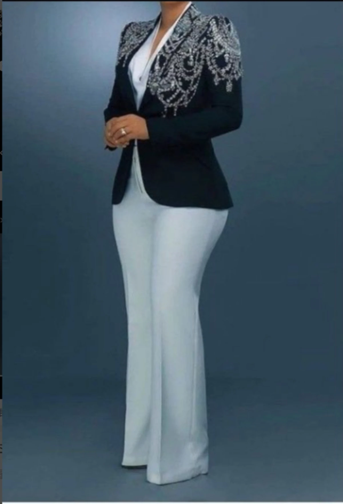 Elegant Women Crystal Beading Jacket Peaked Lapel Full Length 2 Pieces Set Slim Fit Black Blazer & White Pants