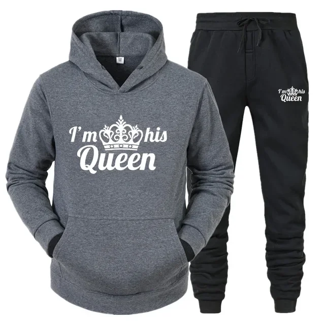 thumbnail image 1 of Chándal con estampado de QUEEN y KING para hombre y mujer, Sudadera con capucha para parejas, ropa deportiva para amantes, conjunto de 2 piezas, 1 of 5