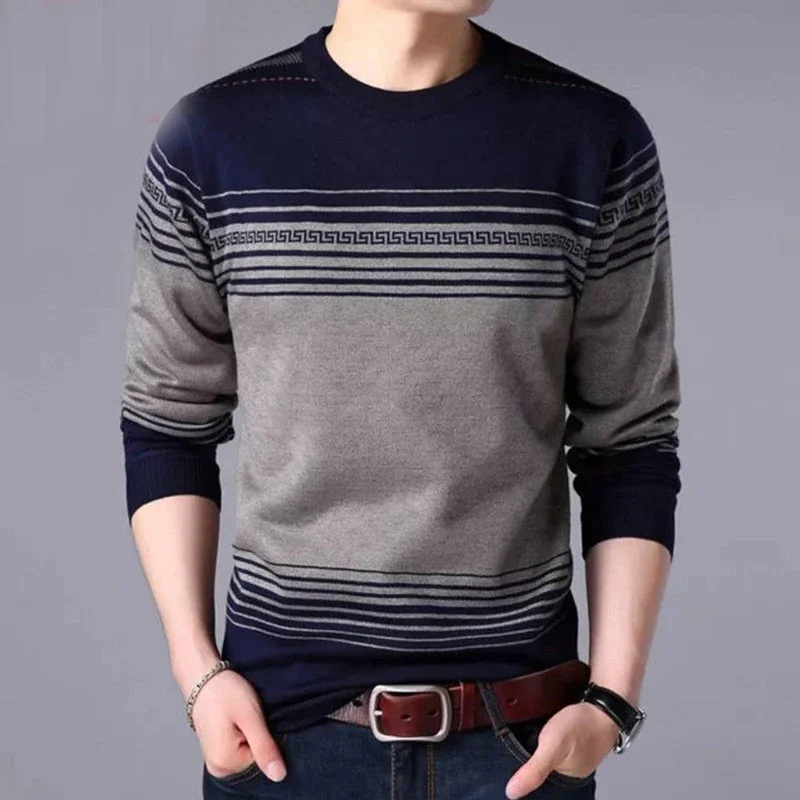 Spring Autumn Vintage Striped Print Long Sleeve Sweaters for Men All Match Pullovers Keep Warm Loose Casual Fashion Male Clothes