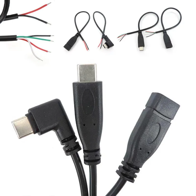

0.25m wire 2 4 pin core USB 2.0 Type C Male female Cable right angle Plug extension Connector DIY Repair data Charging 25cm