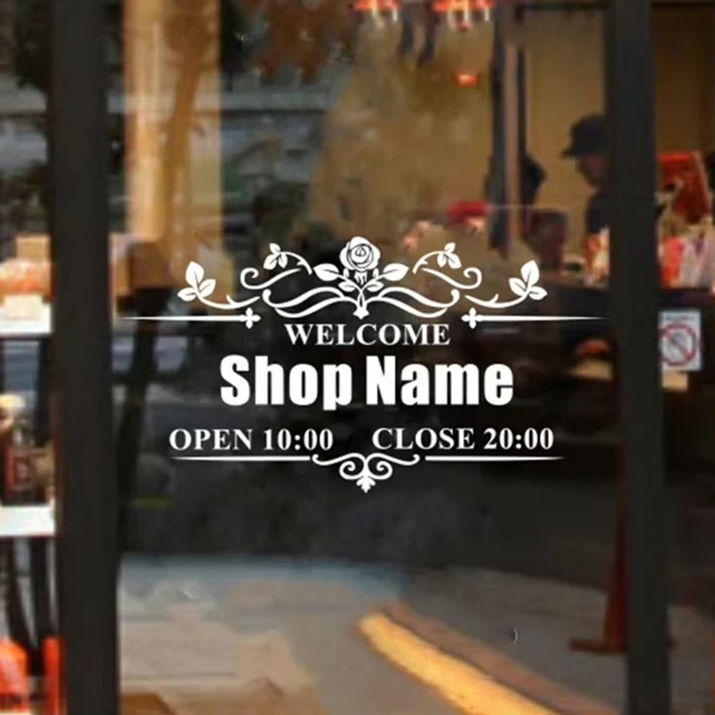 Store Weclome Sign Vinyl Sticker Custom Any Shop Names Window Decals Working Hours Door Vinyl Murals Decoration Art AZ1005 wall stickers,window stickers