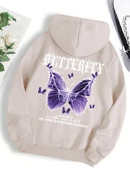 Vibrant Purple Butterfly Print Women's Fleece Hoodie - Casual Autumn Streetwear - S (Beige)