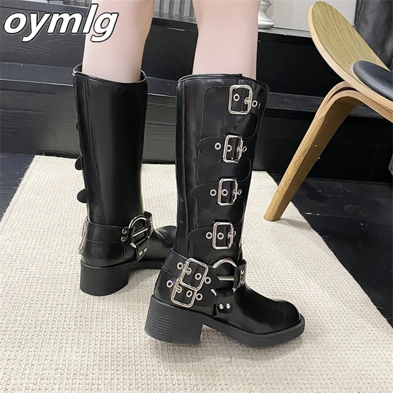 Retro knee length boots with belt buckle, thick heels, brown women's autumn and winter new Western boots, knight fashion boots