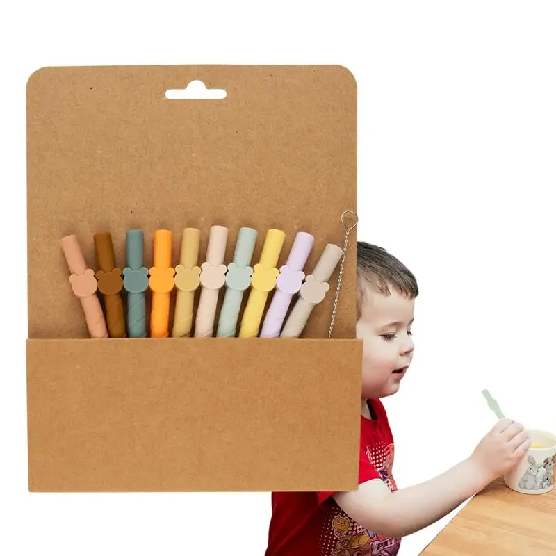 

Reusable Silicone Straws 10PCS Toddler's Colorful Straws Kit Food-Grade Silicone Drinking Straws For Home Camping Travel Car