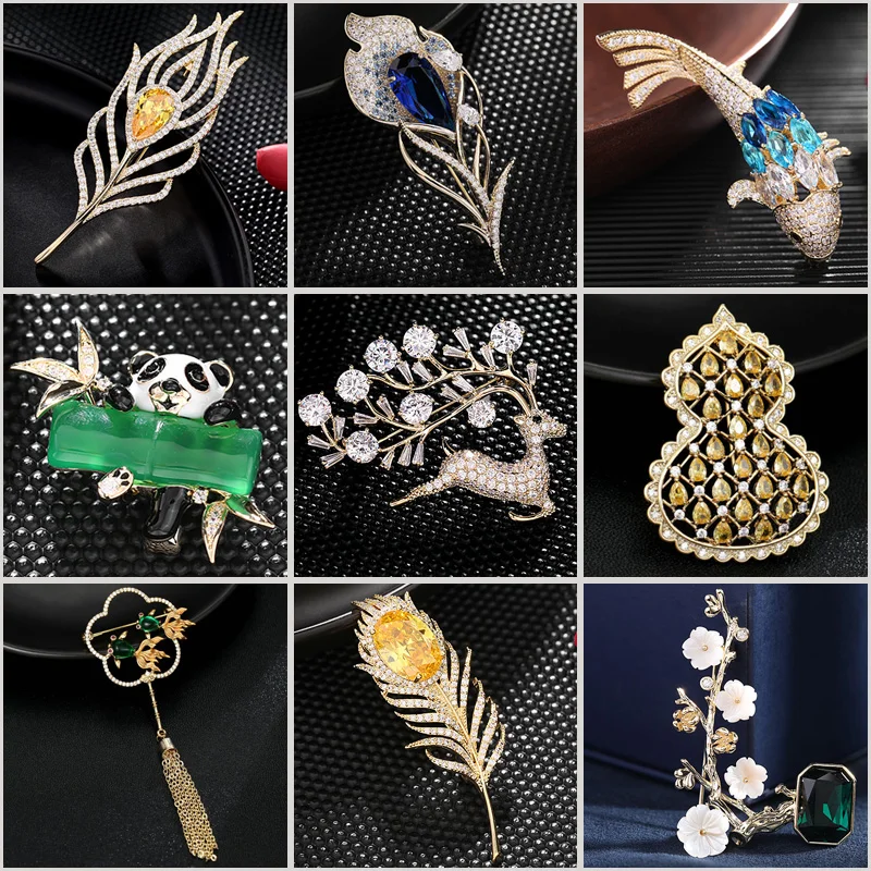 

Elegant Retro Chinese Design Goldfish Fan Tassel Brooches for Women Men Trendy Feather Flower Deer Brooch Pin Clothing Jewelry