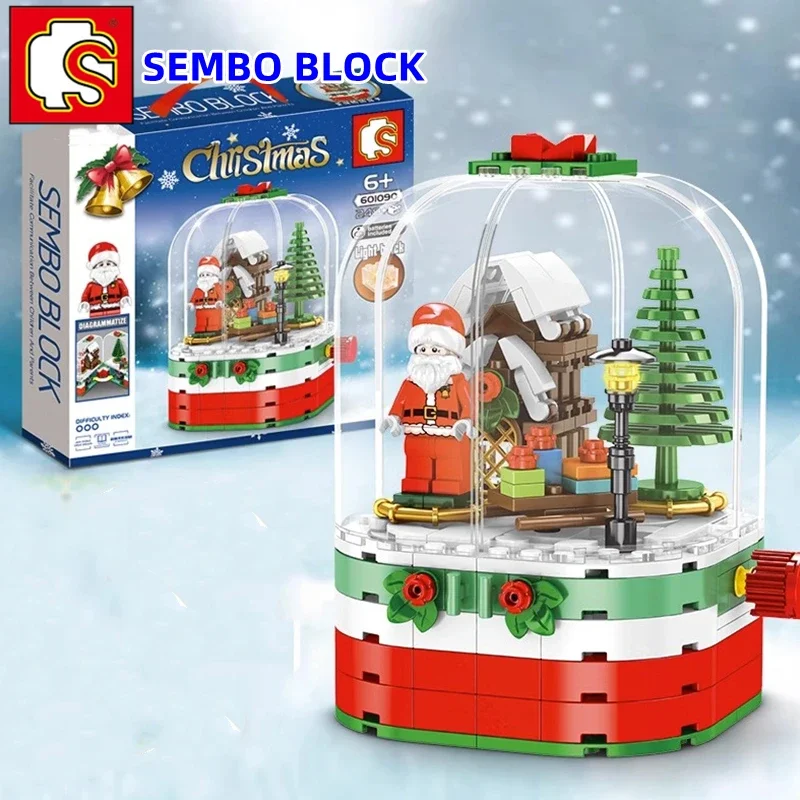 SEMBO block children's educational assembly toys hand-figure Christmas rotating cabin model Kawaii Santa Claus holiday ornaments
