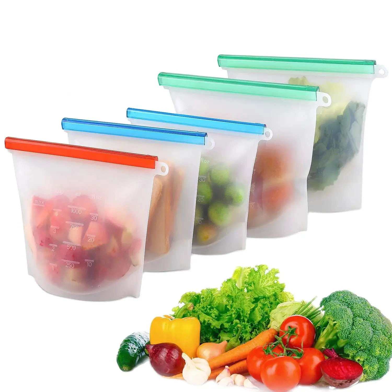 

1000ml Four Color Silicone Food Bag Frosted Silicone Food Bag Reusable Frozen Fresh-Keeping Bag Zipper Leak-Proof Top Fruit Bag