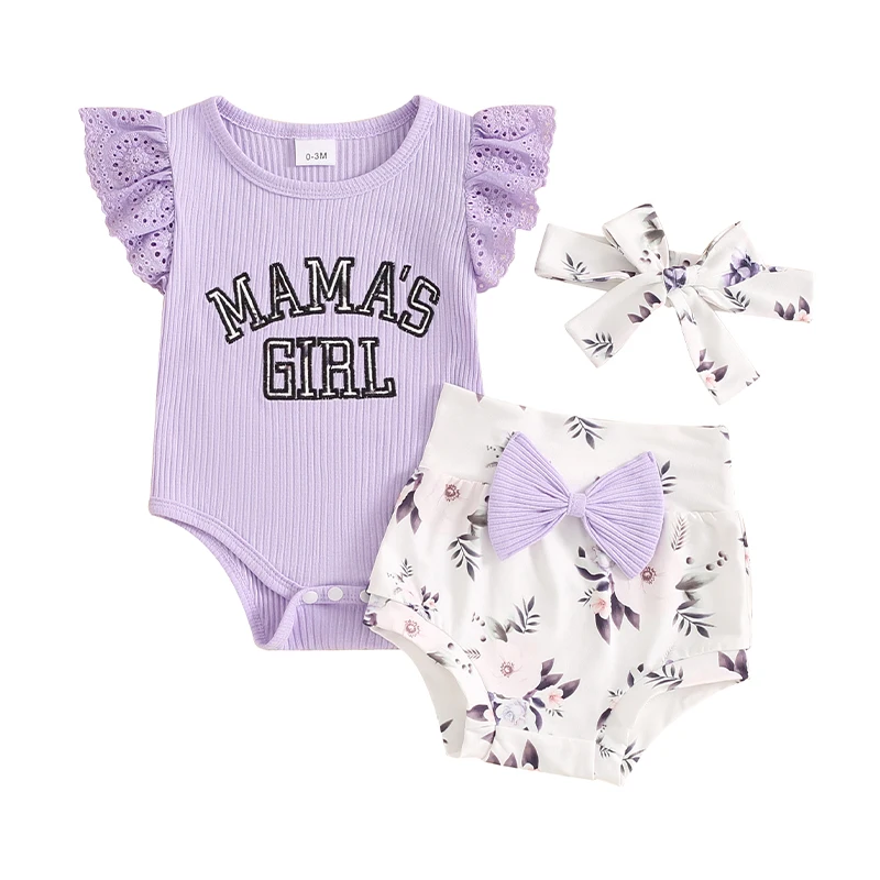 

Baby Girls Shorts Set Newborn Clothes Fly Sleeve Letter Print Romper with Flower Shorts Headband Set Summer Outfit