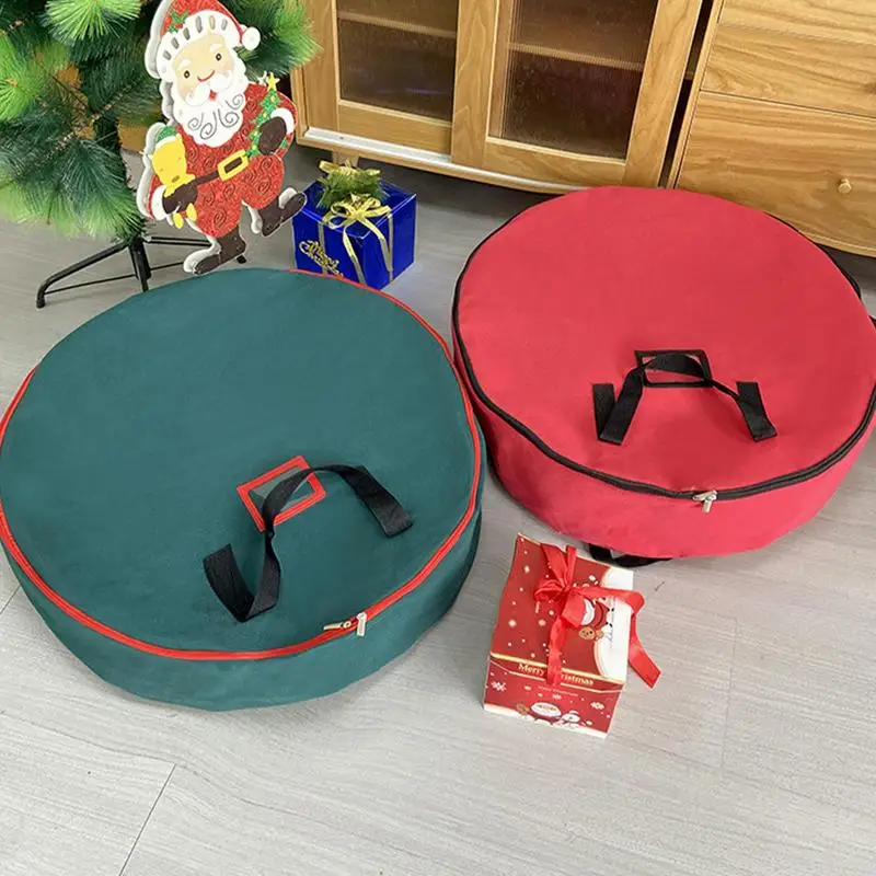 Christmas Tree Bag 60cm Round Foldable Xmas Wreath Storage Bag Large Garland Container Thicken Organizer with Reinforced Handle