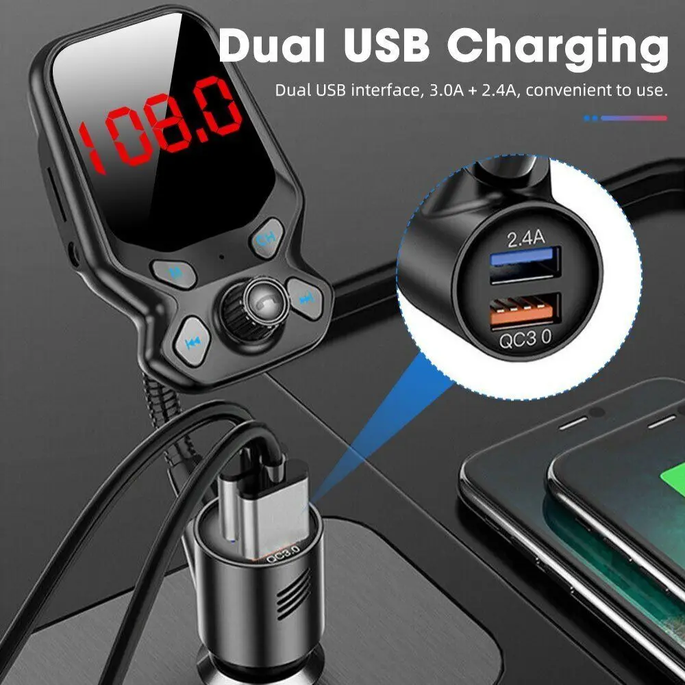 

1x Wireless Car FM Transmitter MP3 Player Radio Adapter QC3.0 Fast Charging USB Charger Kit 1.8-inch Screen 4 Play Modes 12V-24V