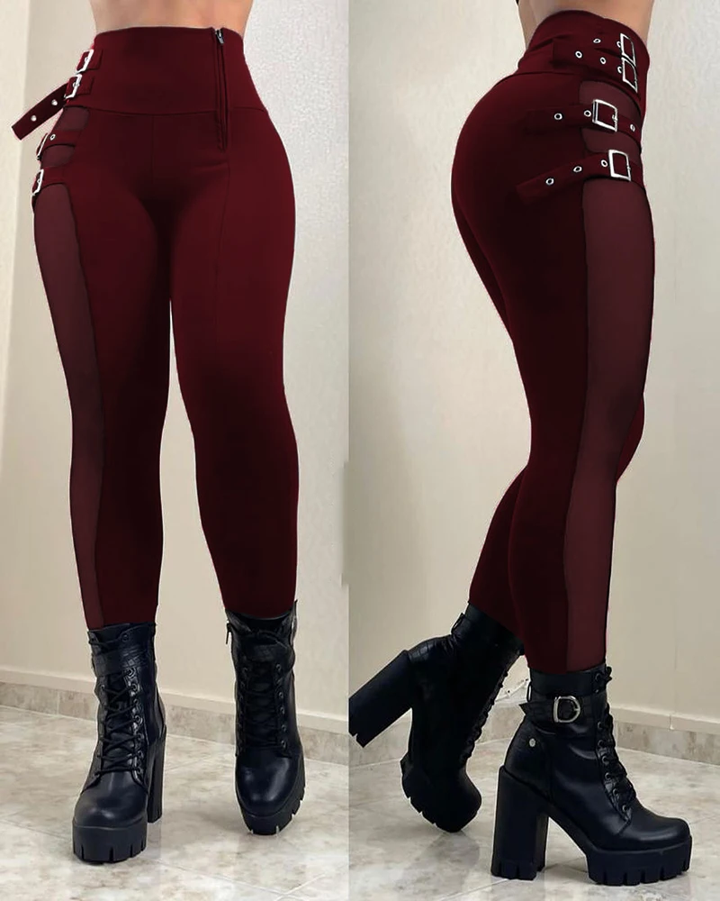 Fashion Women Slim Fit Solid Color Daily Wear Skinny Trousers Mesh Patch  Buckled High Waist Pants