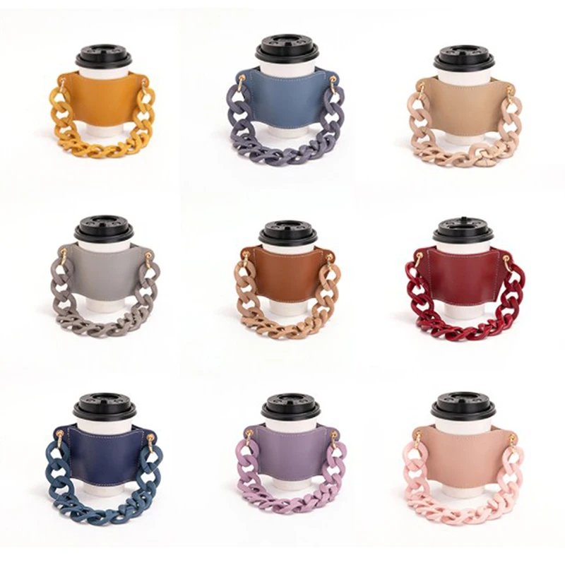 Multicolor Outdoor Milk Tea Portable Cup Holster PU Leather Coffee Cup  Cover Removable Chain Reusable Cup Sleeve Drinks Holder