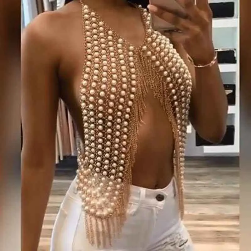 

European American Accessories Women Body Chain Fashion Sexy Clothing Jewelry Nightclub Bar Pearl Tassel Personalized Chest Chain