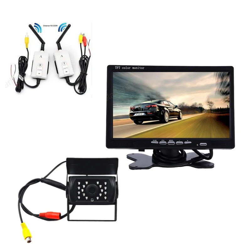 

7'' NEW 2.4G Wireless Color RCA Video Transmitter and Receiver For 24V Truck Vehicle Car Rear view Monitor DVD to Reverse Camera