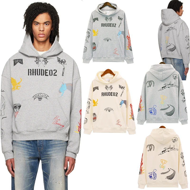 

RHUDE American Minority Hand-painted Graffiti Printed Wool Circle High Street Loose Men's and Women's Hoodie Autumn