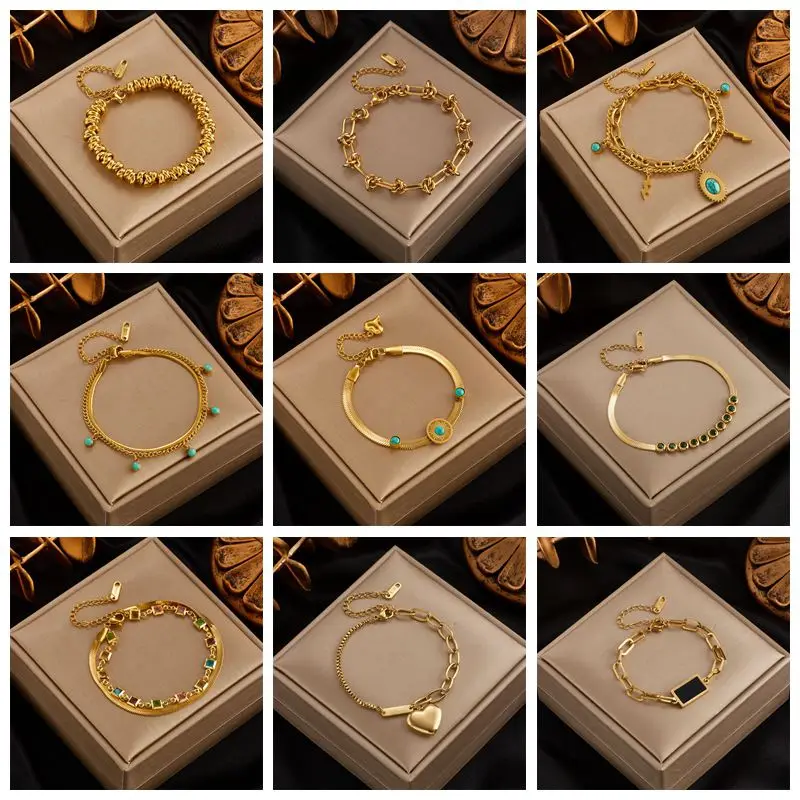 316 Stainless Steel Vintage Green Stone Heart Tassel Multilayer Charm Bracelet for Women Wedding Jewelry Beach брелок MEYRROYU Stainless Steel Bracelet Fashion Bracelet Fashion Jewelry