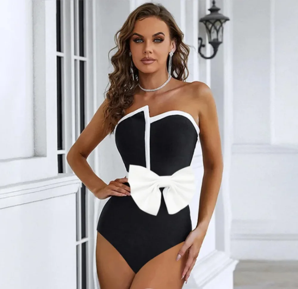 

2024 Women One Piece Swimsuit Korea Style Black Beach Wear Bandeau Big Bow Tie Bathing Suit Monokini Padded Swimming Wear Pool