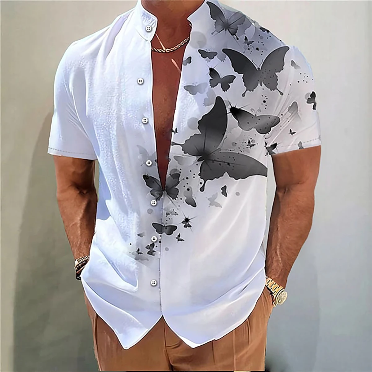 Casual Short Sleeved Shirt Short Sleeved Shirt Hawaiian Shirt Men's shirt butterfly pattern 3D printing stand collar multi-color outdoor street short sleeve Hawaiian large size shirt XS-6XL