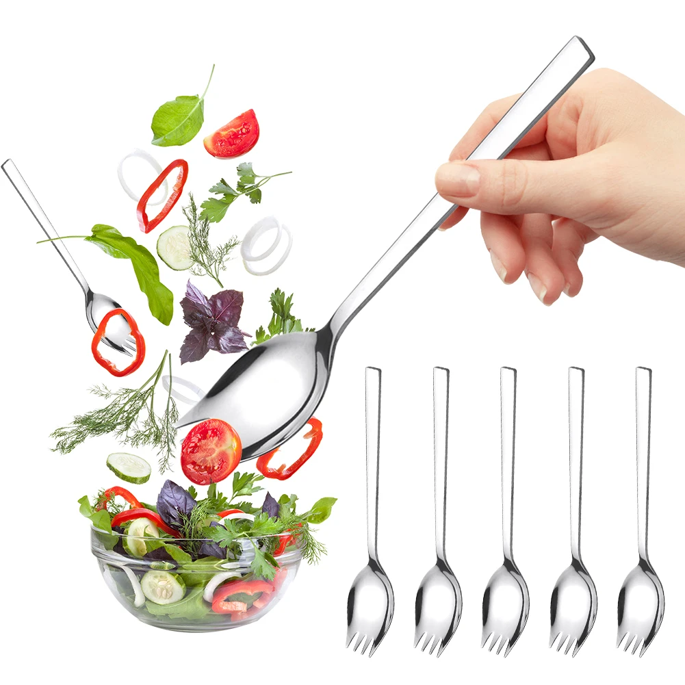 Spork Stainless Steel Spoon Fork Cutlery 5Pcs Long Handle Portable for Dessert Ice Cream Salad