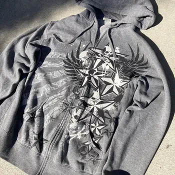 Y2K American Harajuku Star Print Zipper Hoodie Affliction Style Skull Long Sleeve Couple Hoodie Fashion Oversized Sweatshirt
