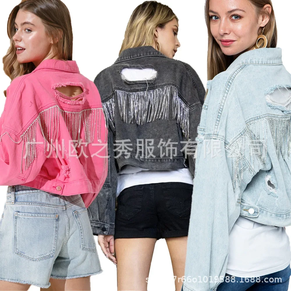 Denim Crop Jean Jacket Jean Jacket for Women Clothes Fashion Spring and Autumn Korean Version Double-Breasted Belted Lady Cloak