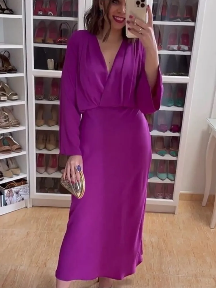 Vestido De Mujer Manga Corta Invierno/Verano - Cuello En V, Suelto, Largo, Negro, Tejido Suave Y Transpirable