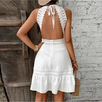 Women's Backless Sundress Fashion Round Neck Hollowed Out Butterfly Back Waisted Dresses Female Beach Dress 2