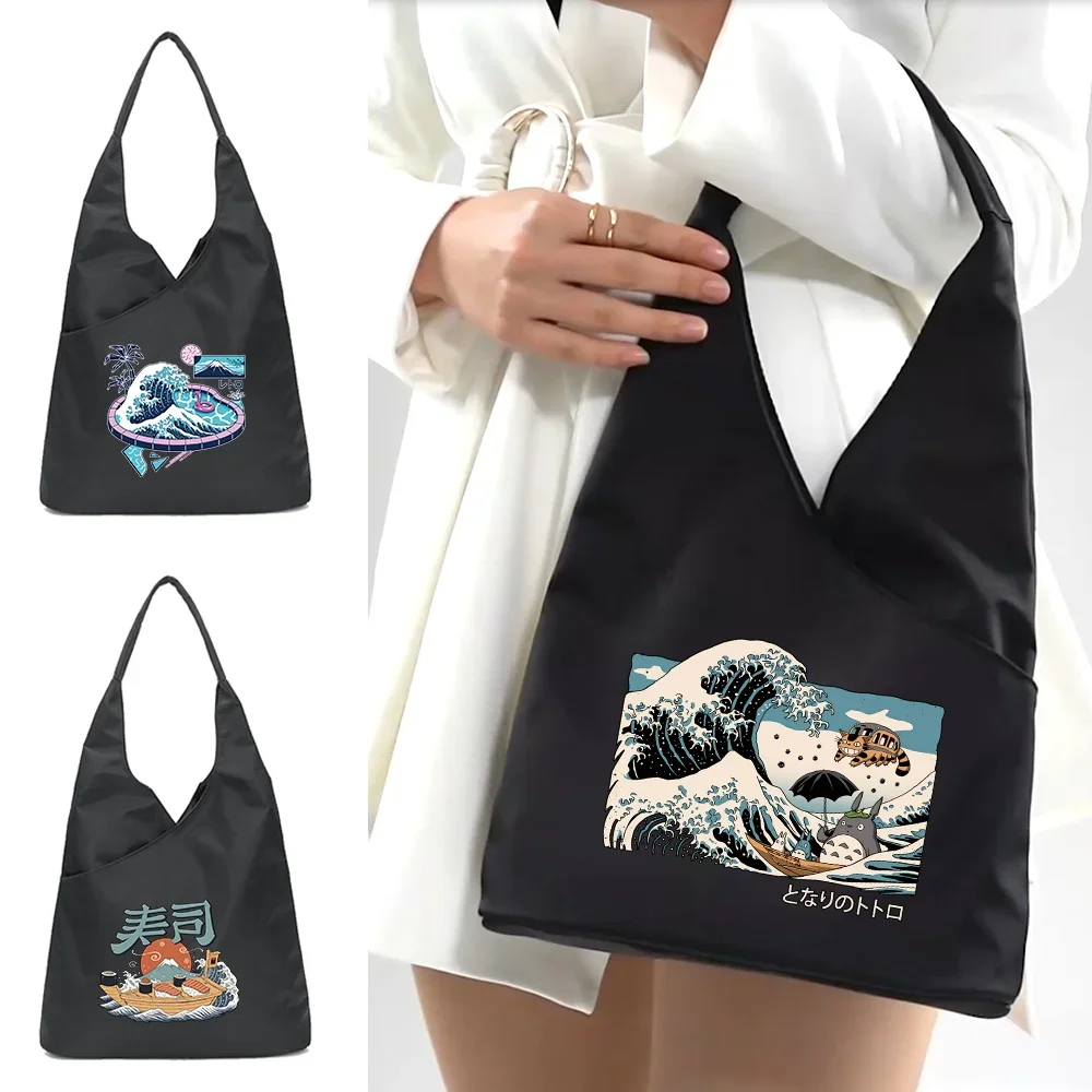 

Shoulder Bags Underarm Bag Travel Buttons Handbags Large Capacity 2023 Women Organizer Ladies Casual Shopping Pouch Wave Print