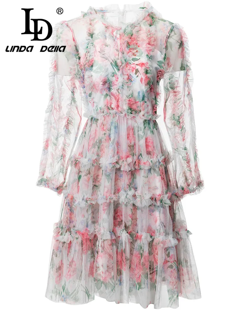 

LD LINDA DELLA Summer Fashion Designer Dress Women's O-neck Long Sleeve Ruffles High Waist Floral Print Elegant Mesh Mini Dress
